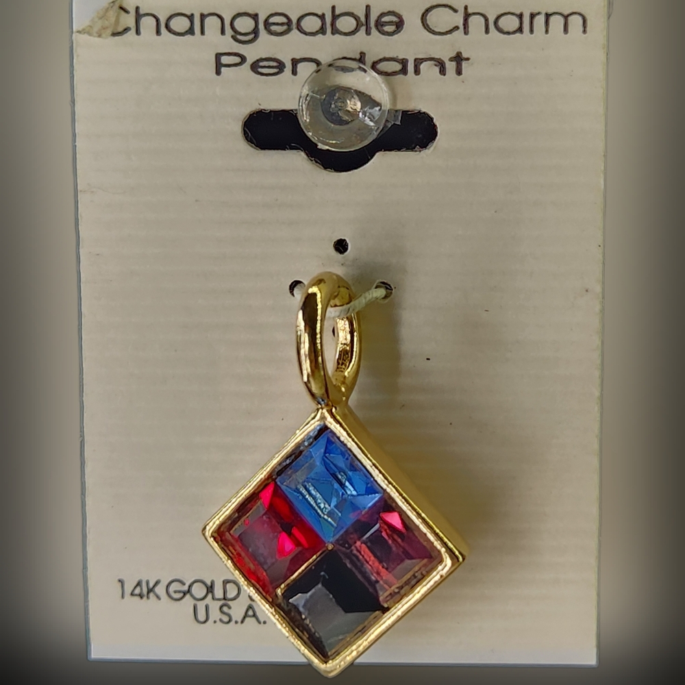 VTG 14K Gold Shield USA "Changeable Charm" Pendant- Diamond Shape Multicolred